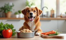 Chien heureux à côté d'un bol de tuna en conserve dans une cuisine moderne