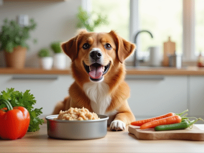 Chien heureux à côté d'un bol de tuna en conserve dans une cuisine moderne
