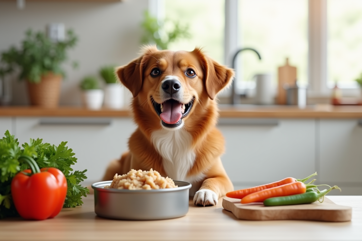 Chien heureux à côté d'un bol de tuna en conserve dans une cuisine moderne
