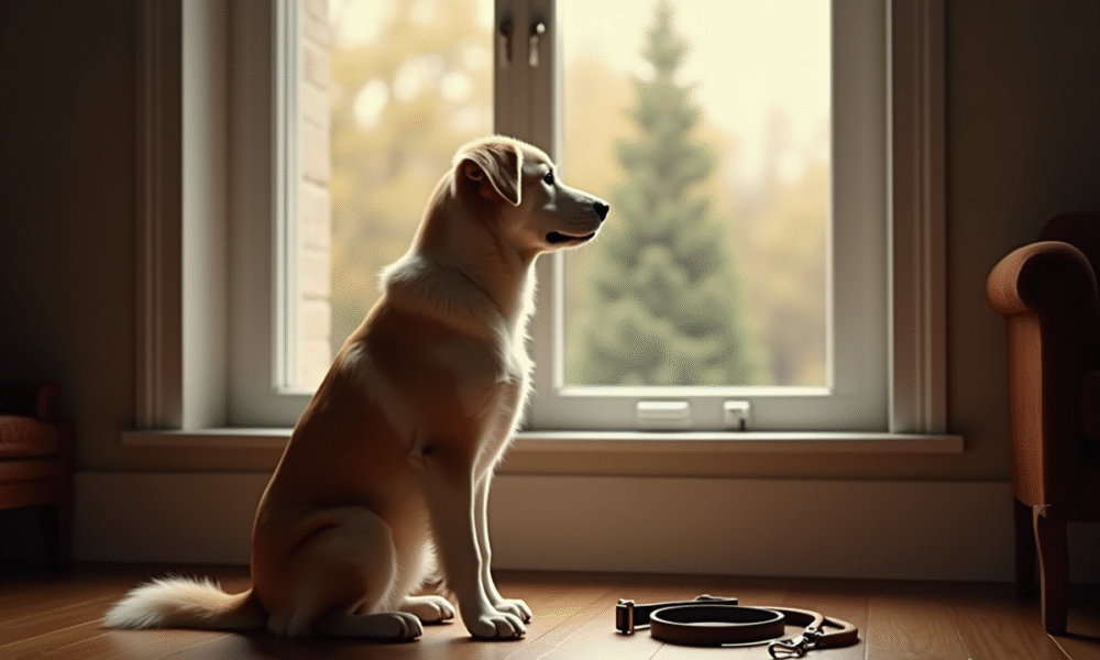 Chien triste assis près d'une grande fenêtre dans un salon