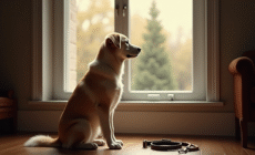 Chien triste assis près d'une grande fenêtre dans un salon