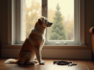 Chien triste assis près d'une grande fenêtre dans un salon