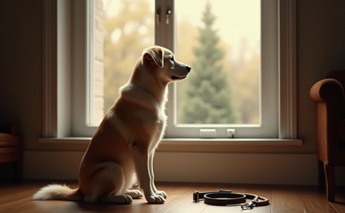 Chien triste assis près d'une grande fenêtre dans un salon