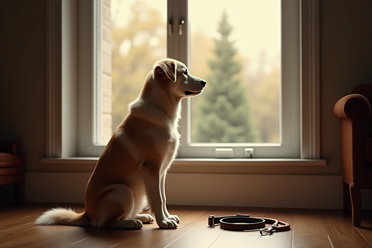 Chien triste assis près d'une grande fenêtre dans un salon