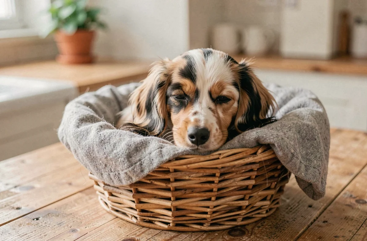 Chiot teckel poil long arlequin dans un panier en osier, illustrant l'achat d'un teckel arlequin et les frais initiaux d'acquisition