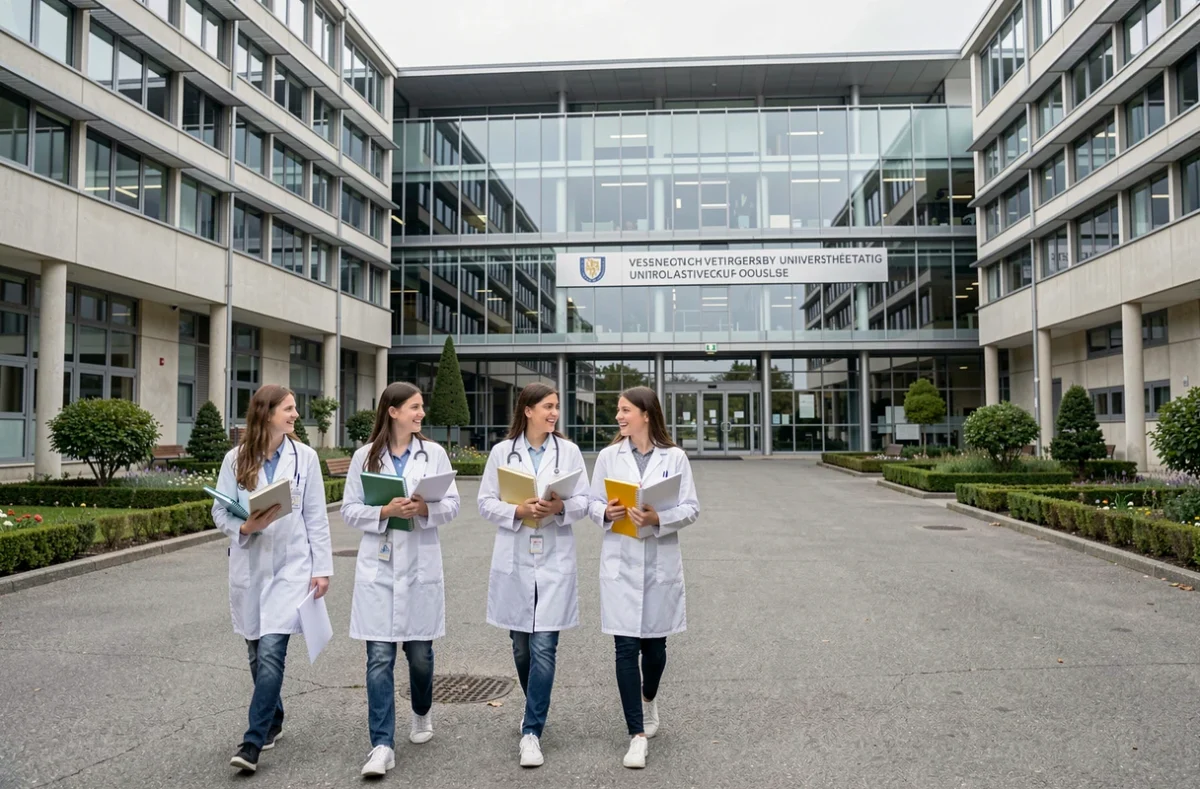 Étudiants vétérinaires marchant dans le campus du CHUV de l'École Nationale Vétérinaire de Toulouse