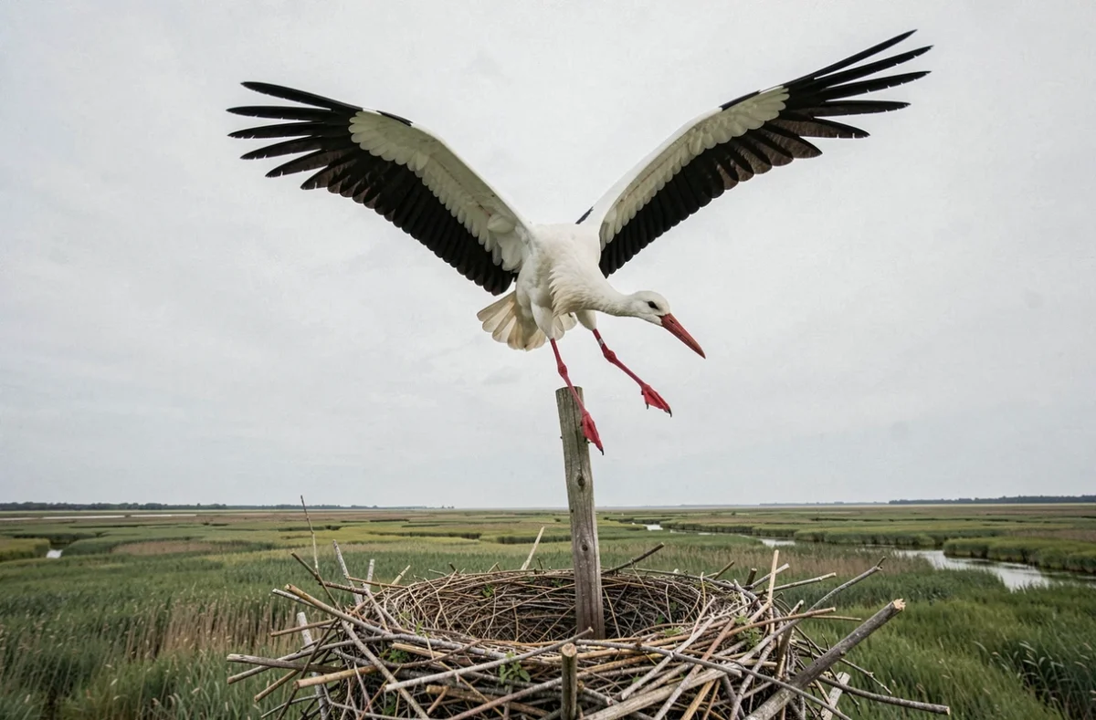 Cigogne blanche en phase d'atterrissage ailes déployées au-dessus de son nid dans un paysage de marais