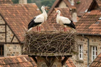 Couple de cigognes blanches dans leur nid sur une cheminée alsacienne lors d'une parade de claquement de bec