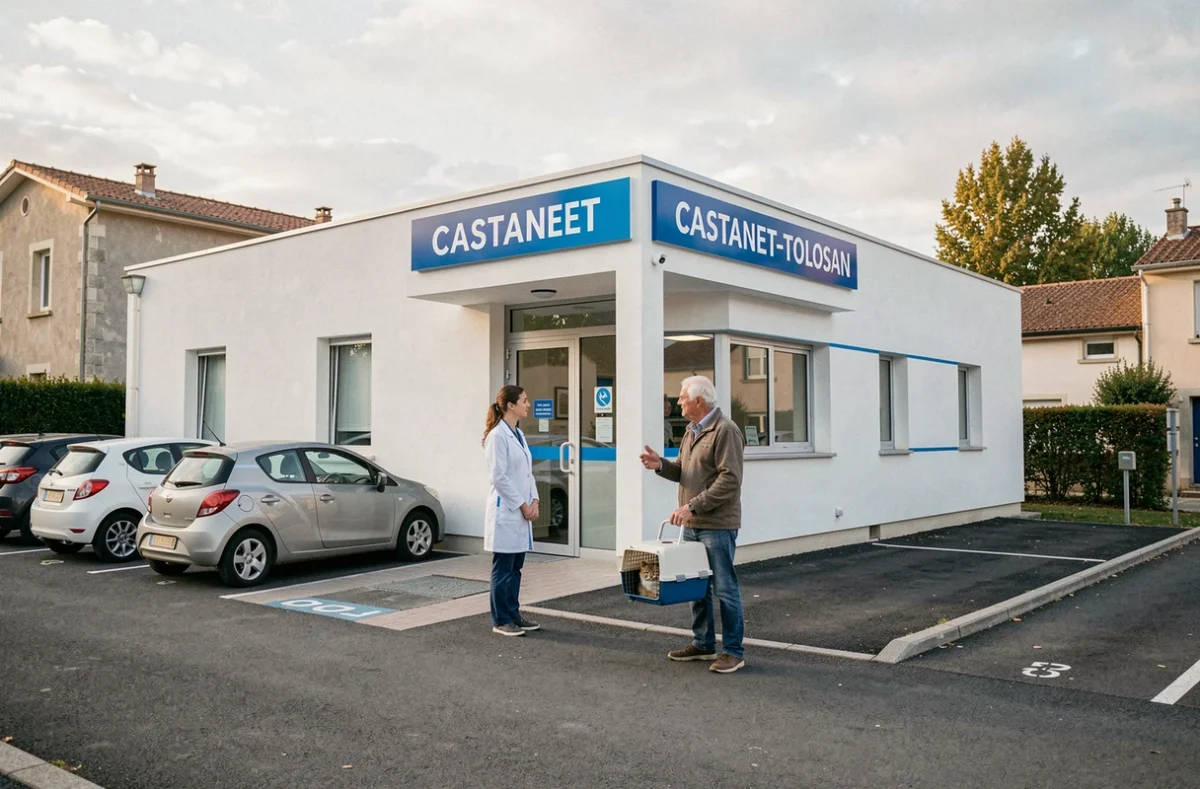 Façade de la clinique vétérinaire de Castanet avec une vétérinaire accueillant un client et son chat