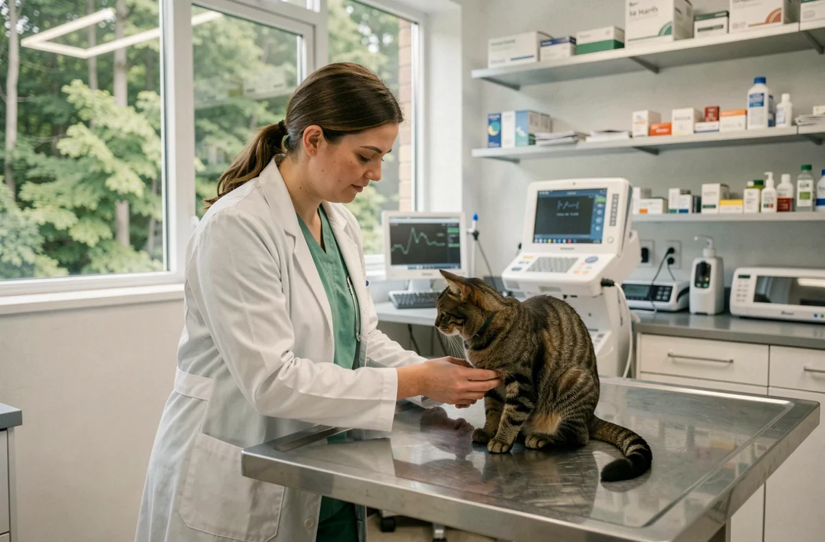 Vétérinaire examinant un chat tigré dans la clinique vétérinaire de la Harth avec vue sur forêt alsacienne
