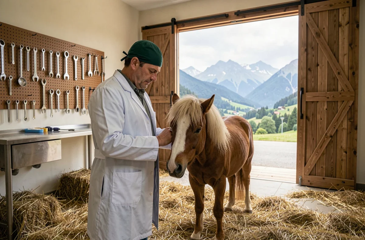 Vétérinaire effectuant un contrôle sur un poney dans une clinique avec vue panoramique sur la vallée alsacienne
