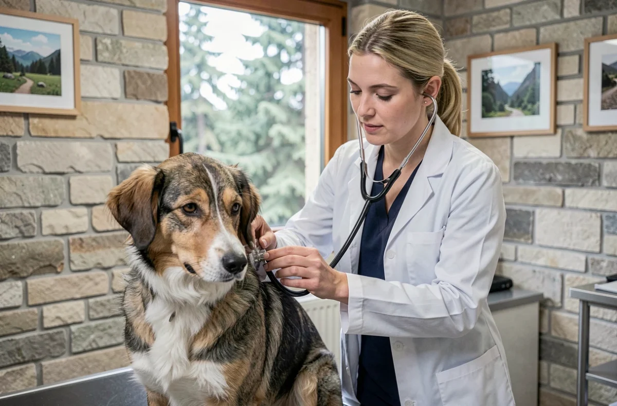 Vétérinaire ausculant un chien dans la clinique vétérinaire de Pierrefontaine avec murs en pierre apparente