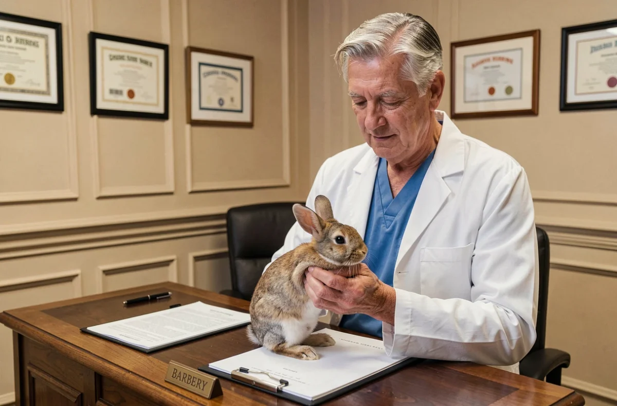Vétérinaire Jean Barbery tenant un lapin lors d'une consultation dans son cabinet traditionnel