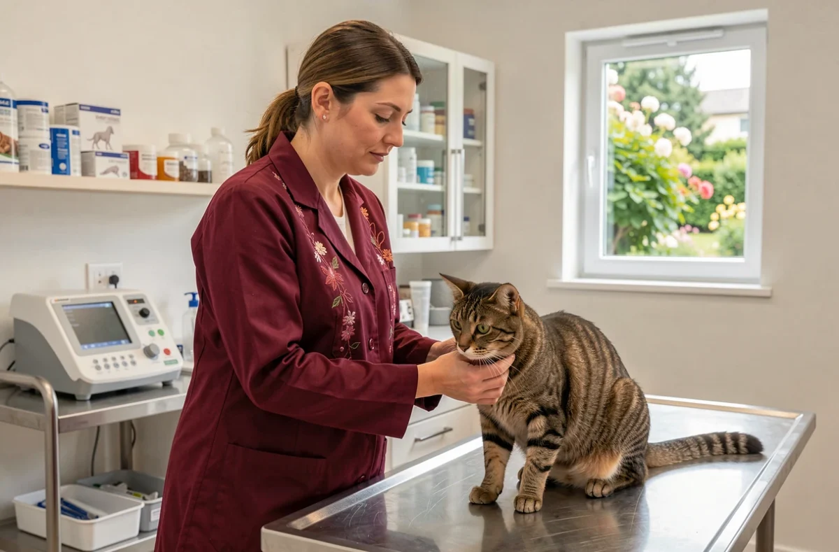 Vétérinaire examinant un chat roux sur une table d'examen dans la clinique La Borde Rouge