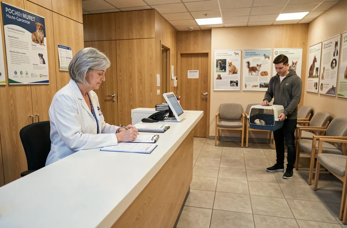 Réception de la clinique vétérinaire de Muret avec une vétérinaire et un client tenant un cochon d'Inde