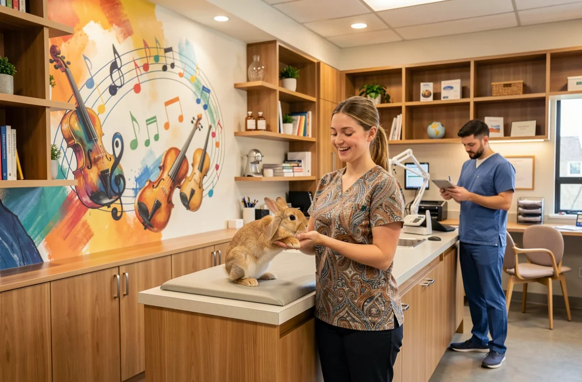 Clinique vétérinaire des Music'Halles avec une vétérinaire et un lapin dans un décor musical coloré