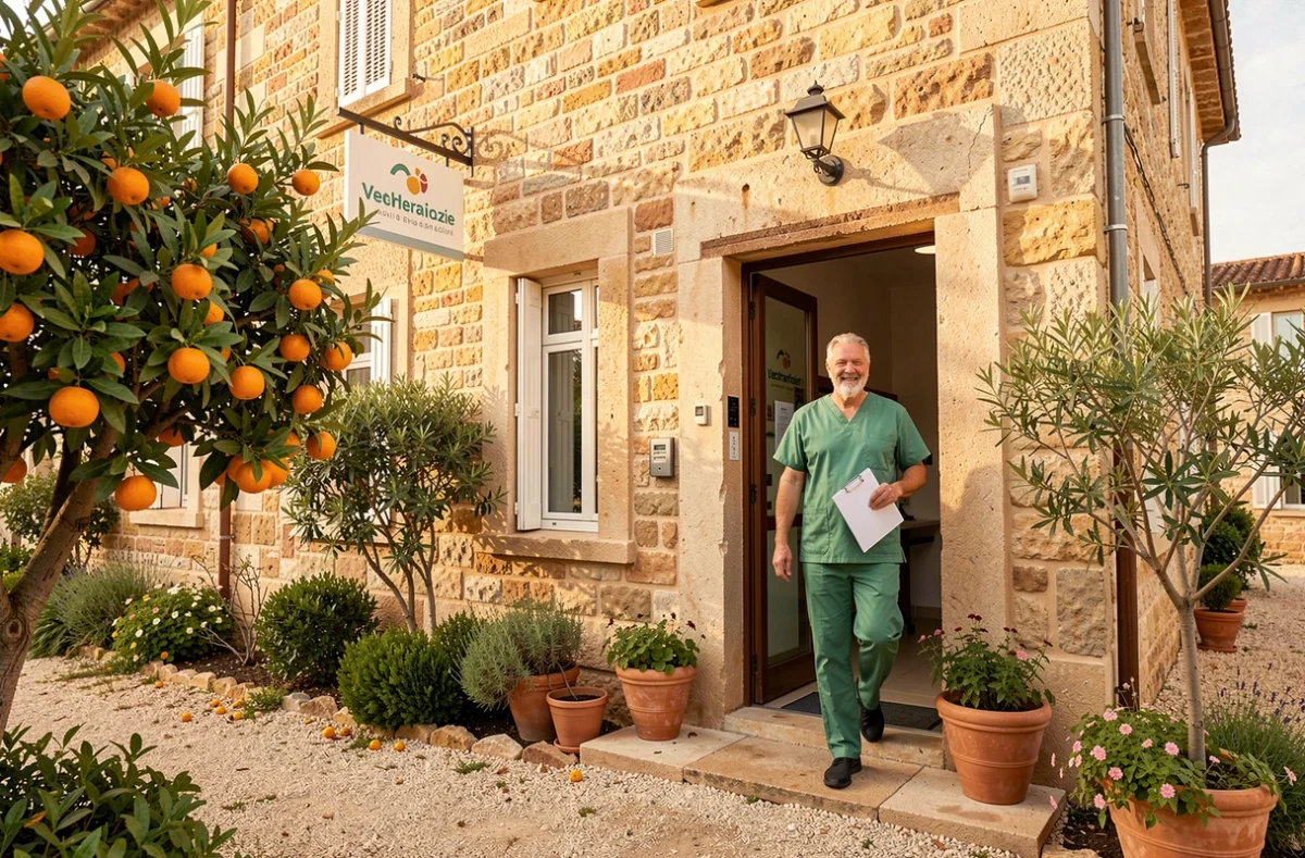 Façade extérieure de la clinique vétérinaire de l'Orangeraie avec un vétérinaire dans un jardin méditerranéen
