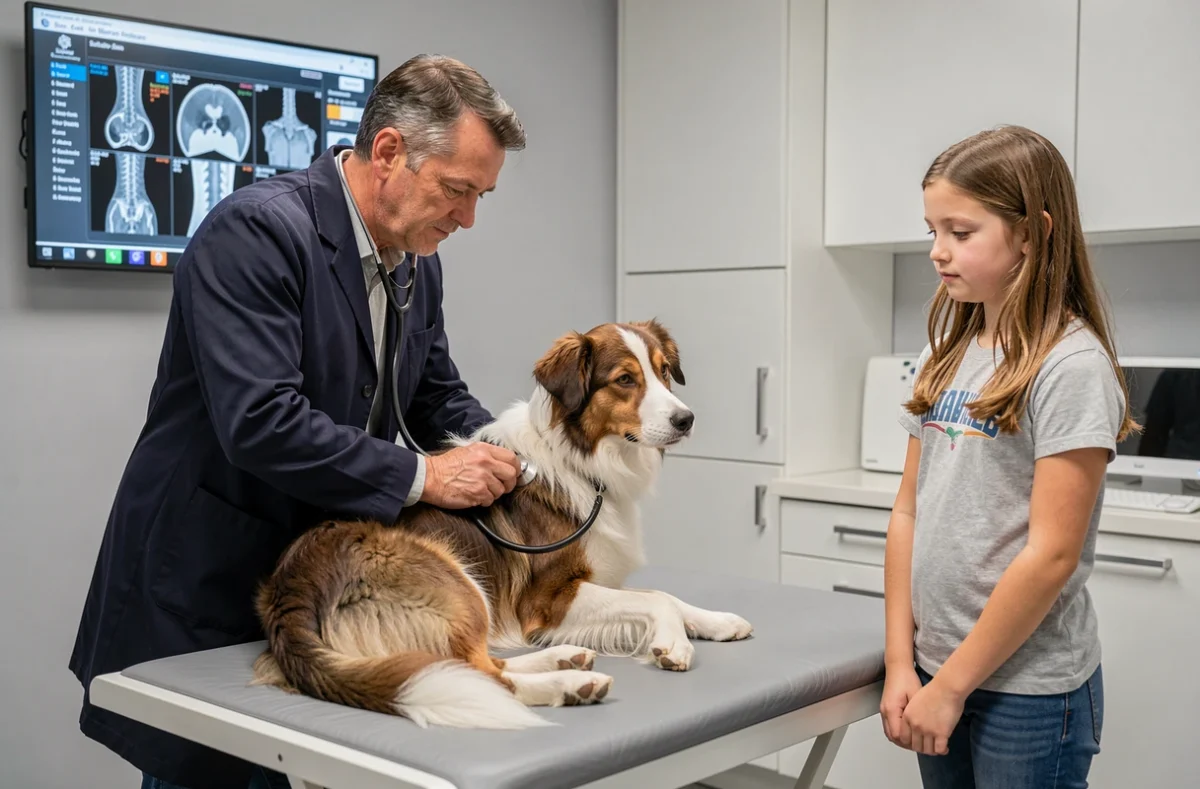 Vétérinaire examinant un border collie en présence d'une famille dans la clinique vétérinaire Saint-Simon