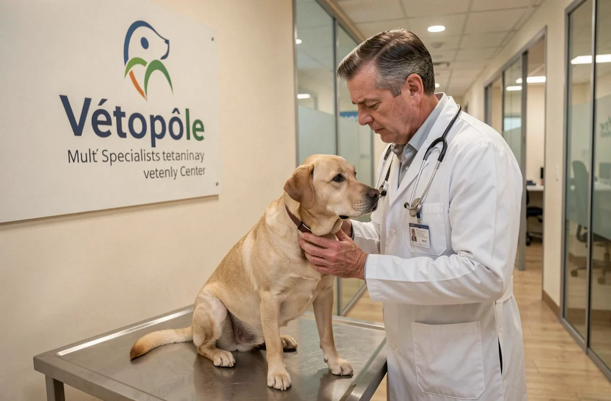 Vétérinaire du Dr Seiller examinant un labrador dans les locaux modernes du Vétopôle
