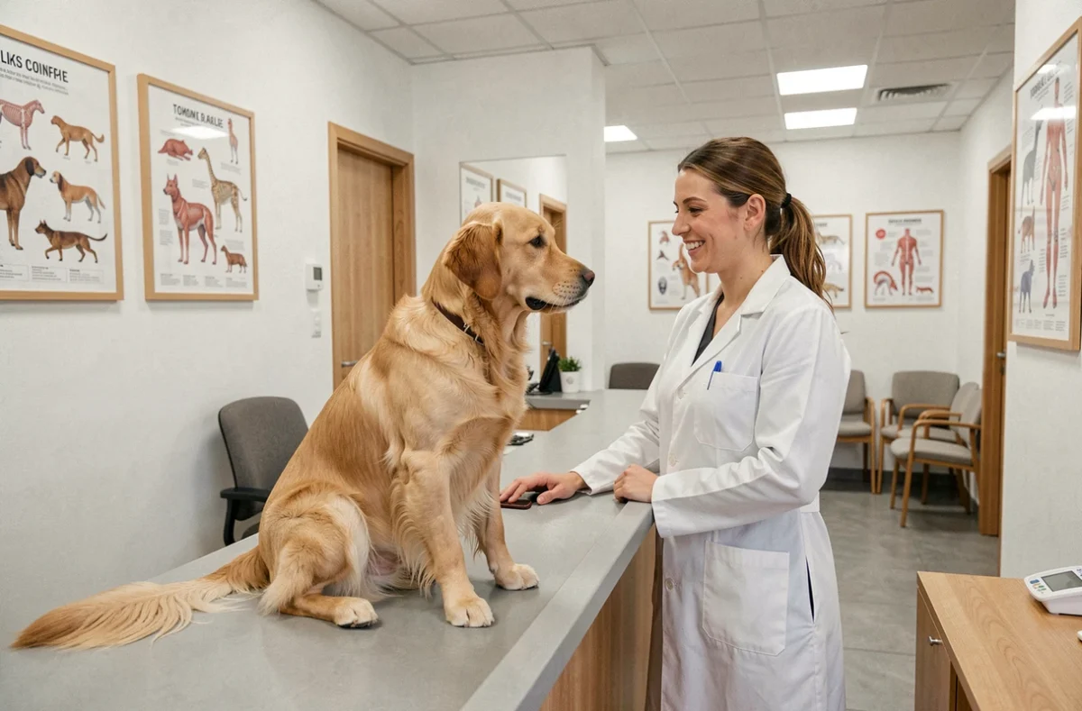 Intérieur d'une clinique vétérinaire moderne en Haute-Garonne avec une vétérinaire et un chien golden retriever