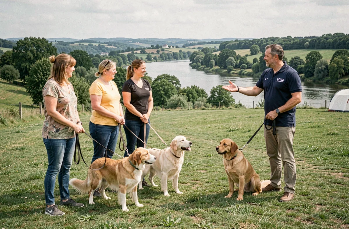 Séance de groupe du Club Canin Forézien à Saint-Just-Saint-Rambert avec plusieurs chiens et leurs maîtres