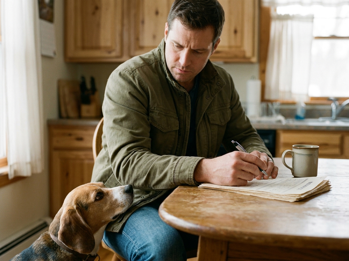 Homme comparant des contrats d'assurance santé pour son chien beagle à la maison