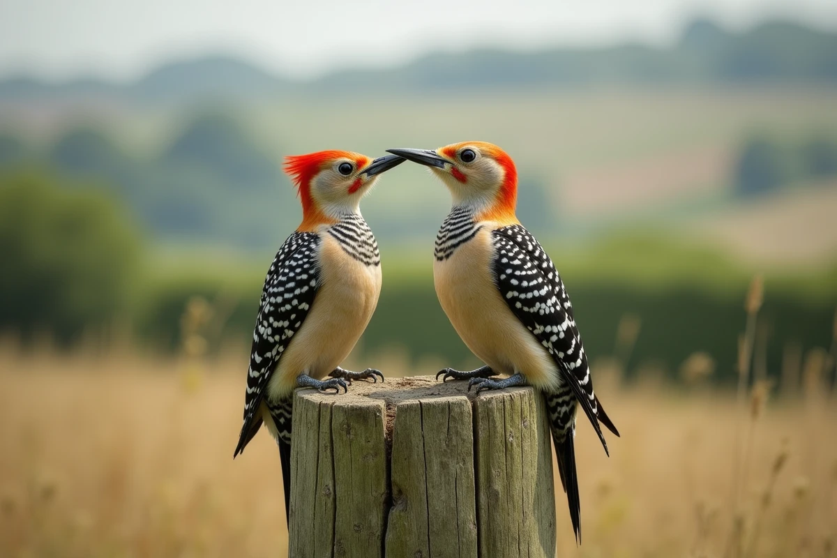 Comparaison entre un pic vert et un grand pic épeiche sur un poteau en bois, illustrant les différences de plumage et de taille