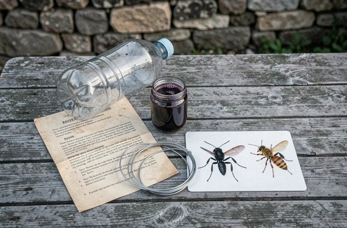 Vue à plat des composants d'un piège artisanal contre le frelon noir avec appât et fiche d'identification des insectes