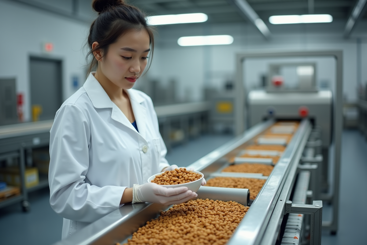 Technicienne en blouse blanche inspectant croquettes fraîches