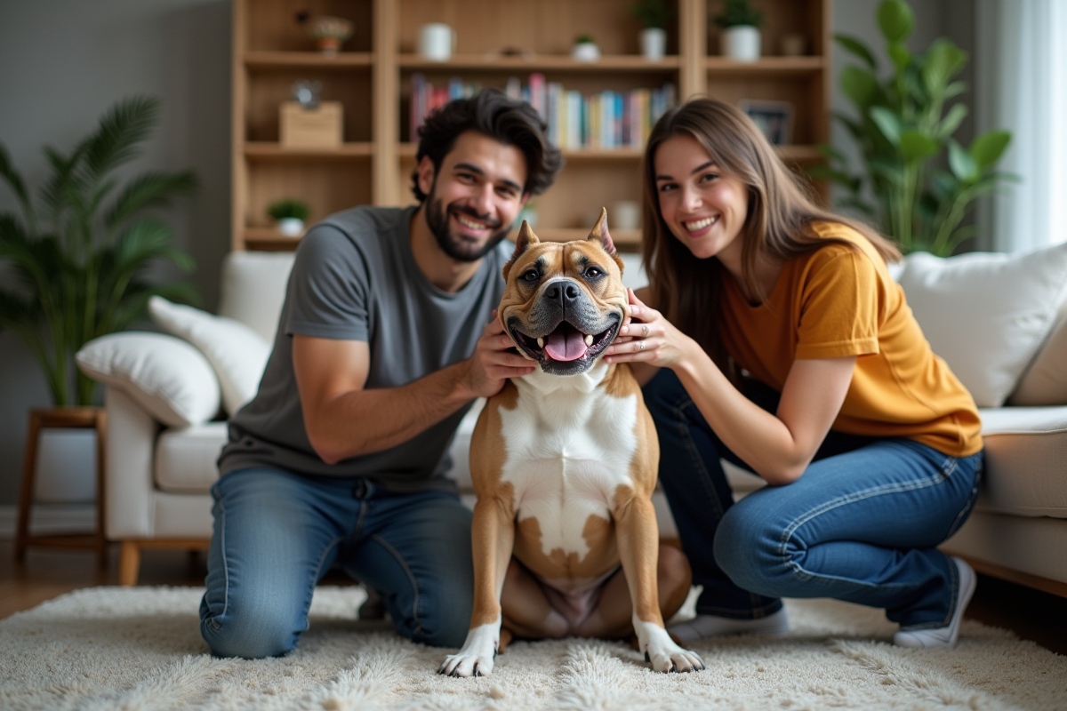 Jeune couple avec un American Bully dans un salon cosy