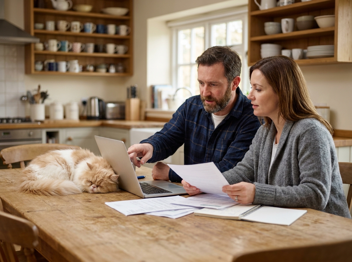 Couple consultant des documents d'assurance santé pour leur chat persan à la maison, illustrant la démarche de souscription d'une mutuelle animale en famille