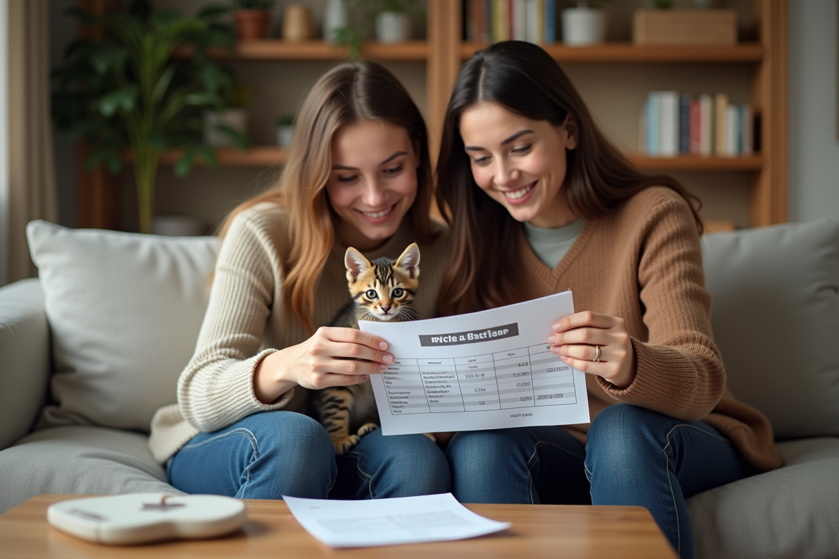 Jeune couple avec chaton regardant un tableau de vaccination