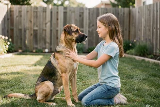 Jeune fille interagissant calmement avec un croisé Labrador Malinois dans un jardin, illustrant les bonnes pratiques avec les enfants