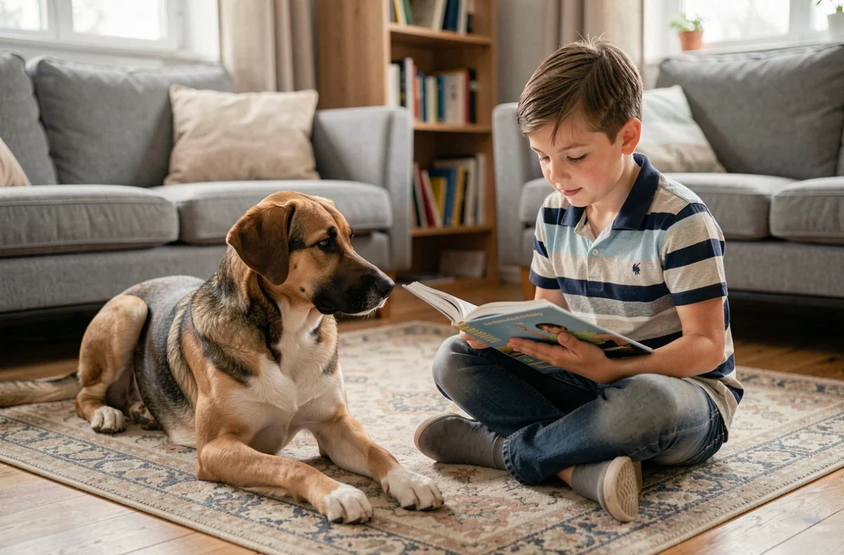 Enfant lisant paisiblement à côté d'un croisé Labrador Malinois allongé dans un salon familial