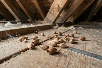 Crottes d'animaux nocturnes sur le plancher d'un grenier en bois, comparaison de tailles et formes pour identification fouine rat martre