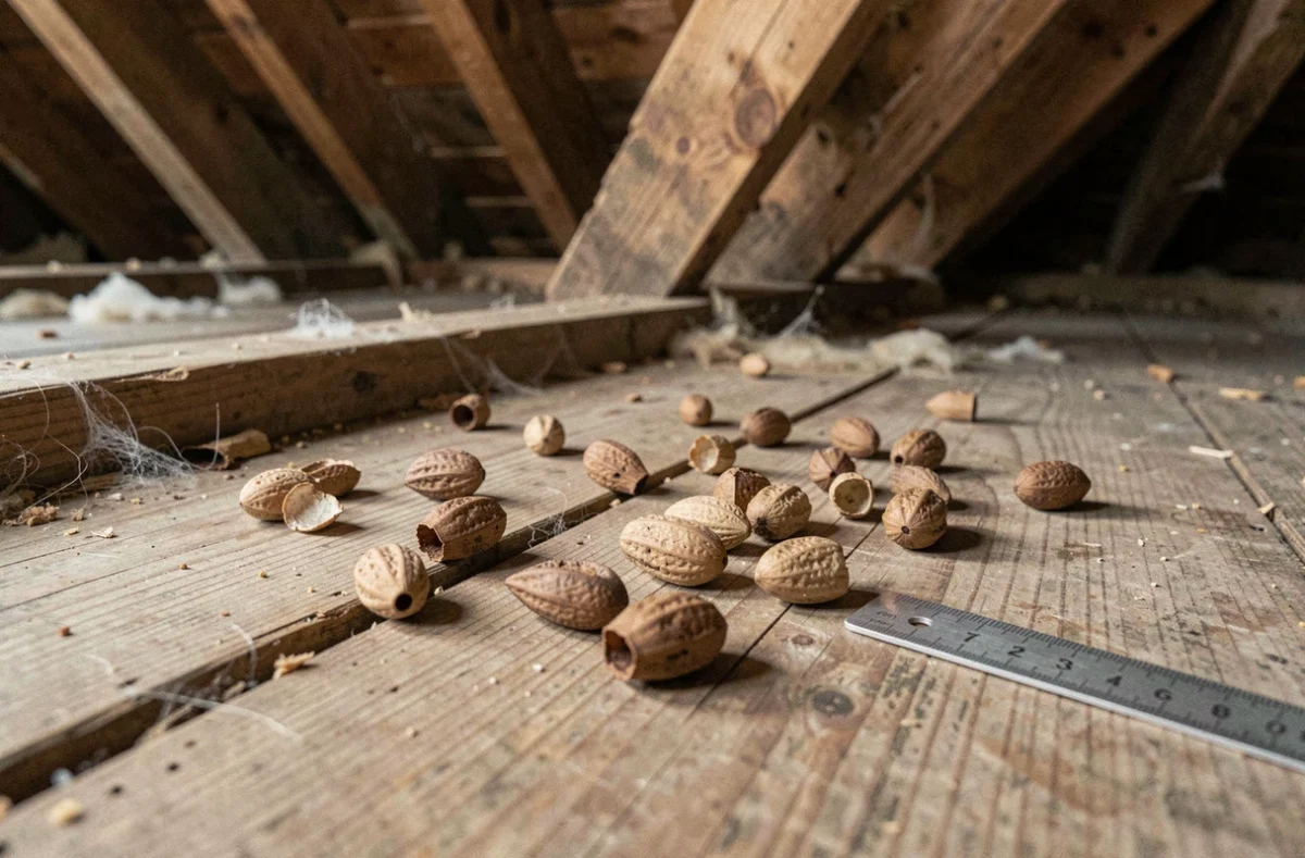 Crottes d'animaux nocturnes sur le plancher d'un grenier en bois, comparaison de tailles et formes pour identification fouine rat martre