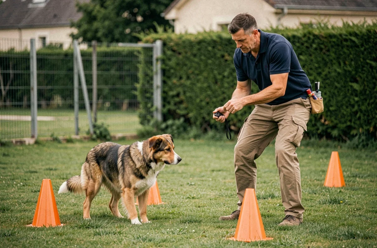Éducateur canin de Dog's Cool à Meyzieu guidant un chien à travers des obstacles sur un terrain d'entraînement