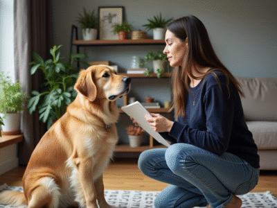 Dresseuse de chien avec retriever dans un salon moderne
