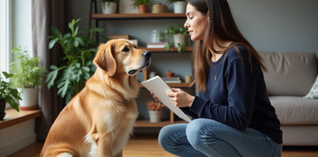 Dresseuse de chien avec retriever dans un salon moderne