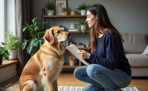 Dresseuse de chien avec retriever dans un salon moderne