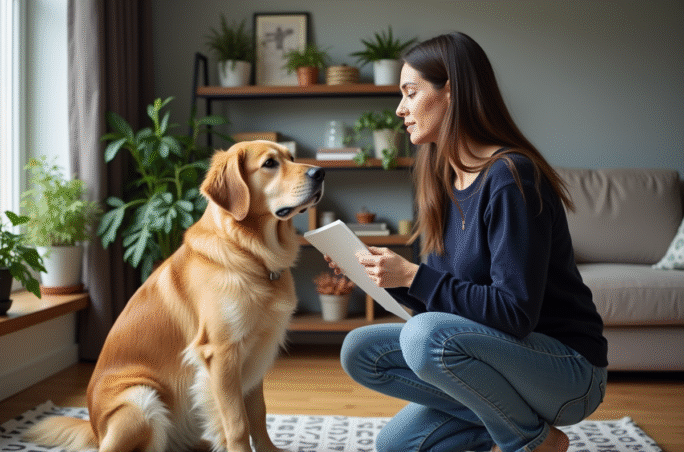 Dresseuse de chien avec retriever dans un salon moderne