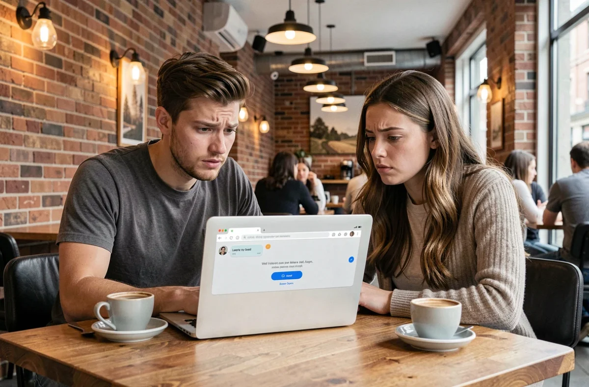 Deux personnes dans un café essayant d'accéder au tchat Cheri FM avec une erreur de connexion