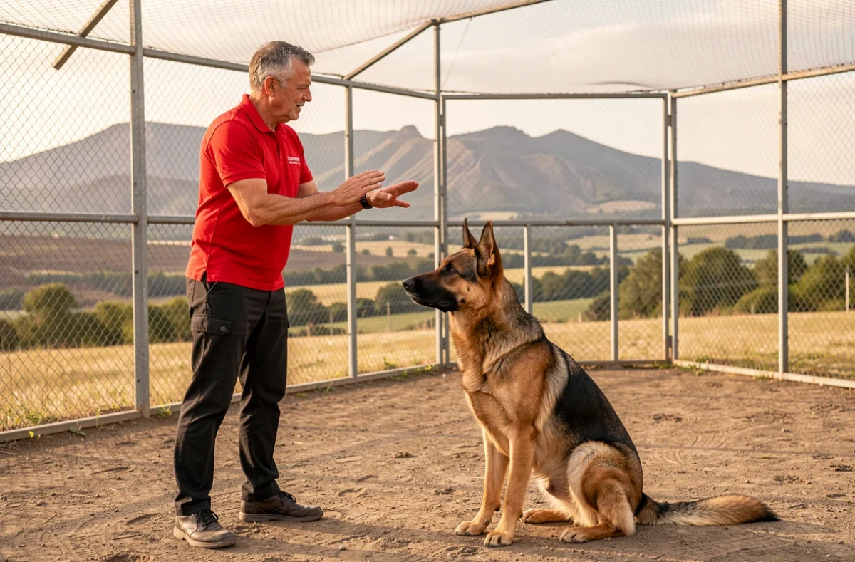 Éducateur canin de L'École du Chien à Orcet faisant travailler un berger allemand dans un espace clôturé