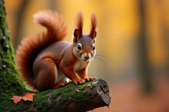 Écureuil roux perché sur une branche en forêt automnale, symbole de signe de l'univers et loi de l'attraction