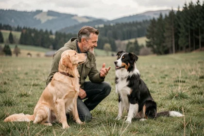 Éducateur canin en Auvergne-Rhône-Alpes travaillant avec plusieurs chiens dans un paysage naturel régional
