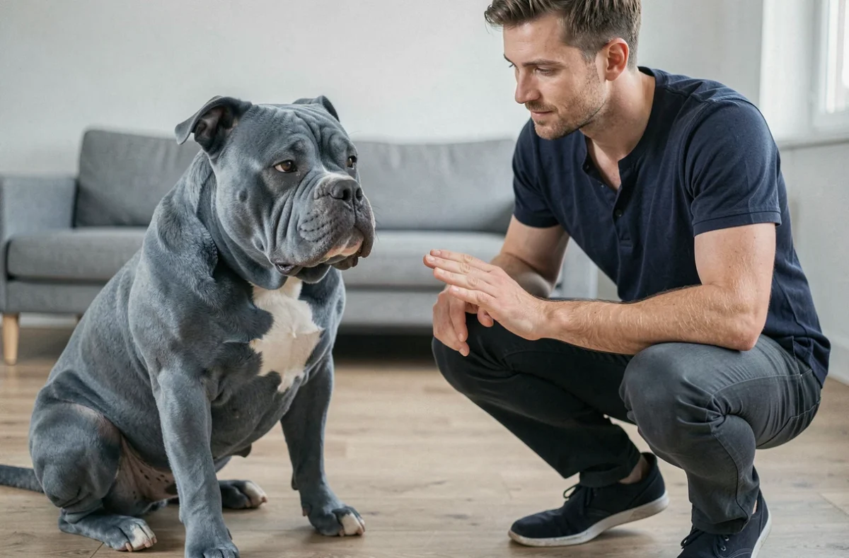 Homme en appartement réalisant un exercice d'obéissance avec un American Bully XXL bleu, démontrant une éducation calme et positive pour gérer un chien puissant sans conflit