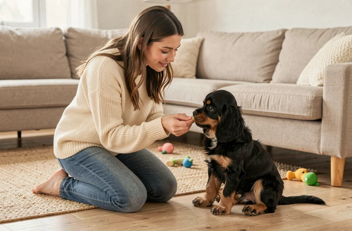 Jeune femme en train d'éduquer un chiot Cocker Spaniel nain avec des friandises sur un parquet en bois clair