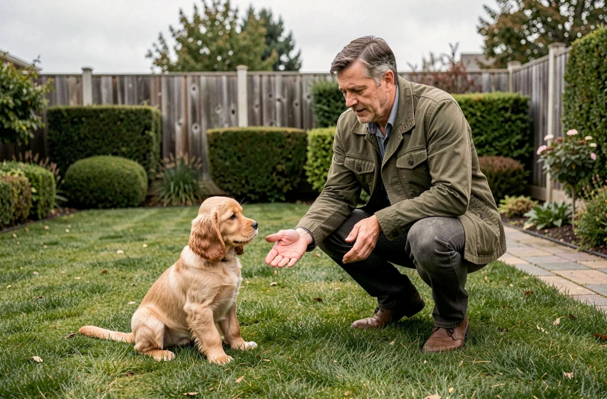 Homme adulte apprenant la commande assis à un chiot Cocker Spaniel nain doré dans un jardin