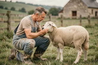 Éleveur vérifiant l'identification d'un mouton dans une ferme française, garantie de sérieux pour l'achat en ligne