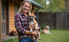 Eleveuse de chiens American Bully avec chiot dans un enclos extérieur